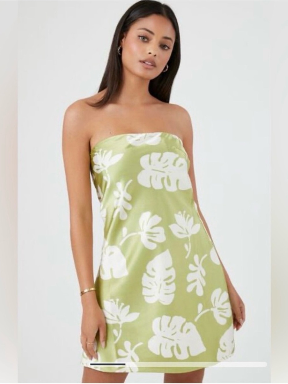 FOREVER 21 Strapless Green Satin Dress with White Tropical Print